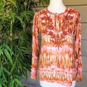 🎉Sundance Coral & Brown Embroidered Top